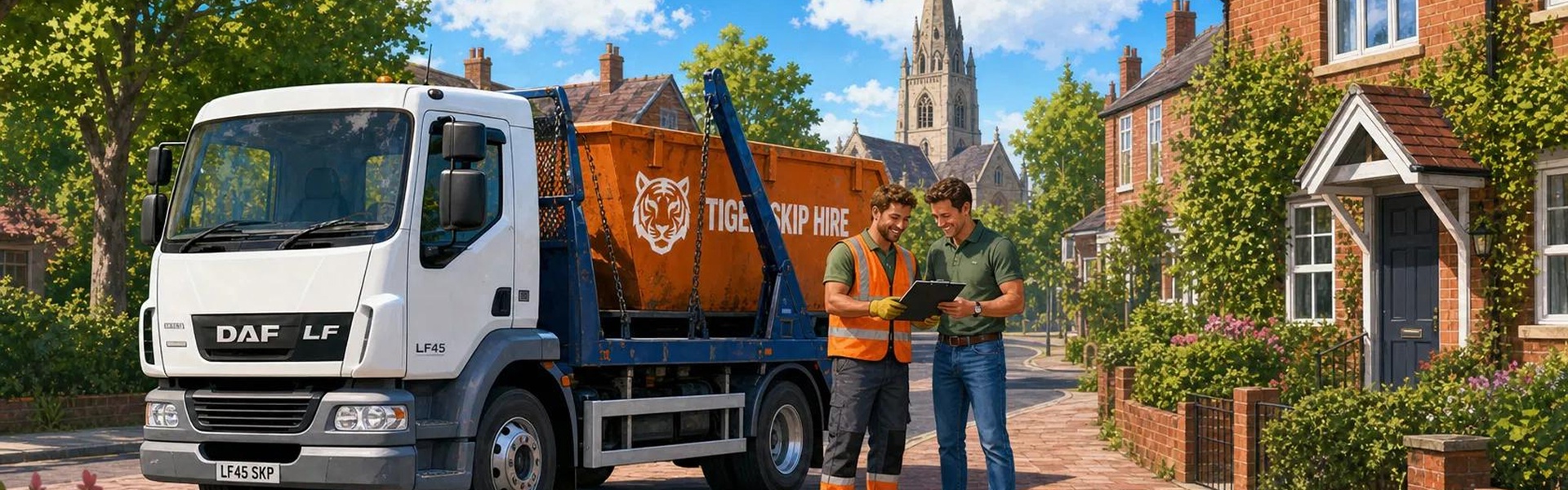 Tiger Skip Hire truck carrying an orange skip through a Mirfield residential street