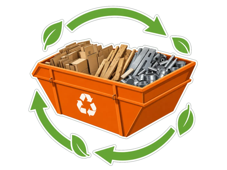 Illustration of a skip with recycling arrows representing responsible waste disposal