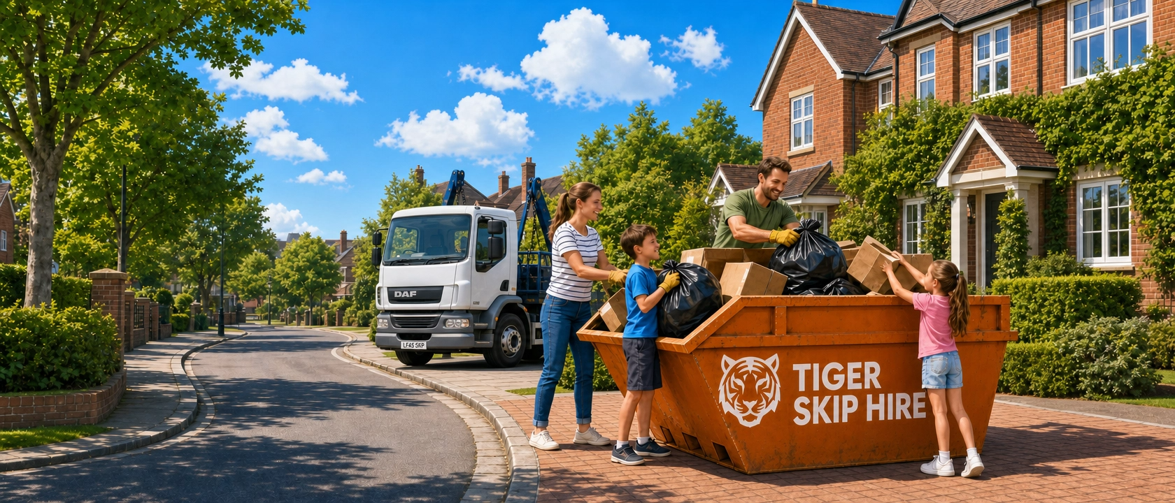 The Tiger Skip Hire team and truck delivering an orange skip in Mirfield