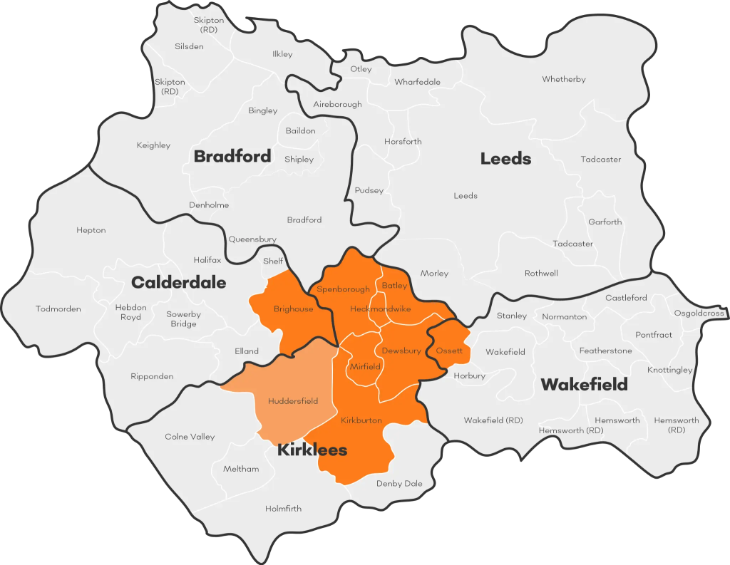 Map of the West Yorkshire areas Tiger Skip Hire covers